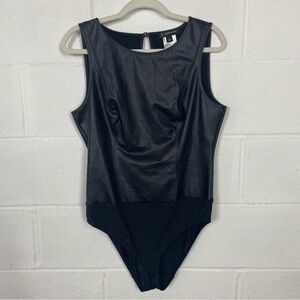 INC International Concepts Intimates Bodysuit Black Faux Leather Baddie Emo SZ L